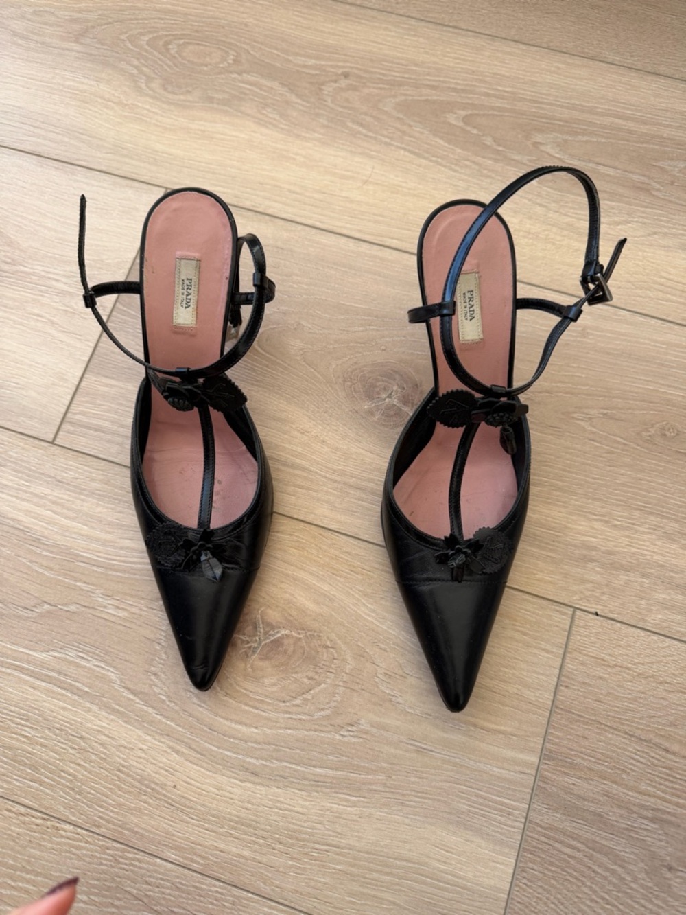 Prada Black Pointed T-Strap Heels with Floral Trim